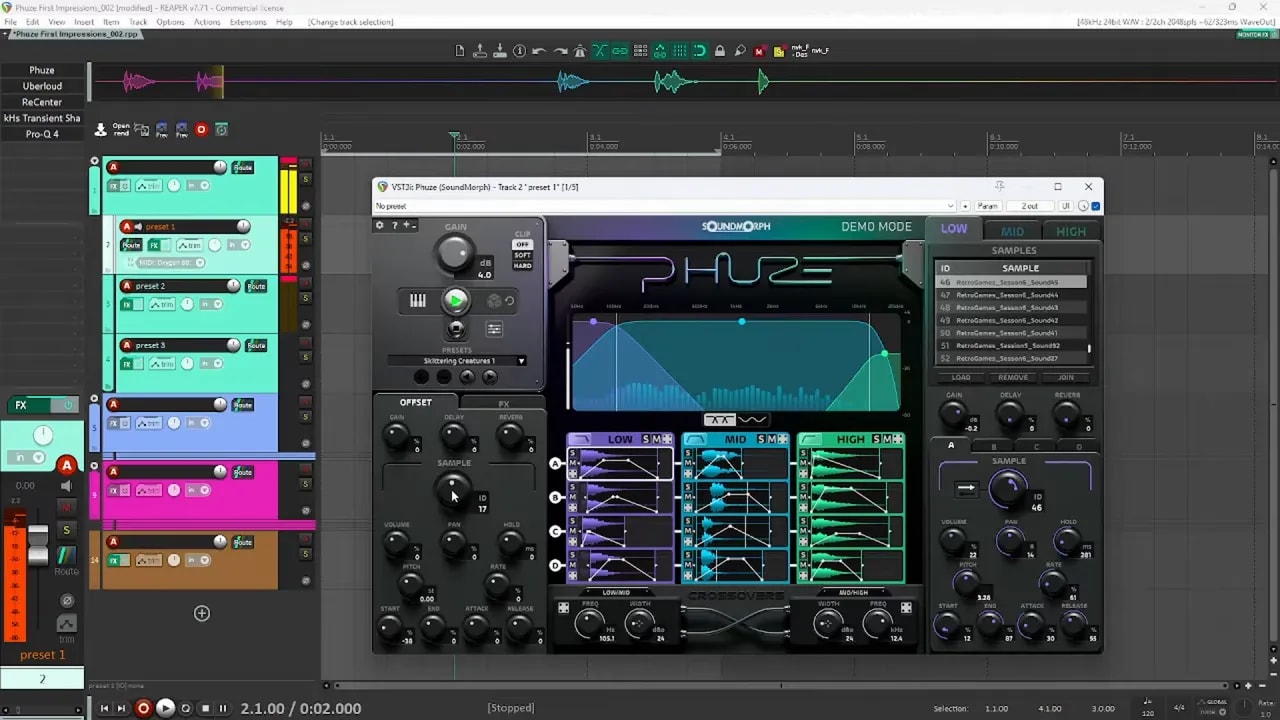 Phuze by SoundMorph centered interface showing low mid high sample banks