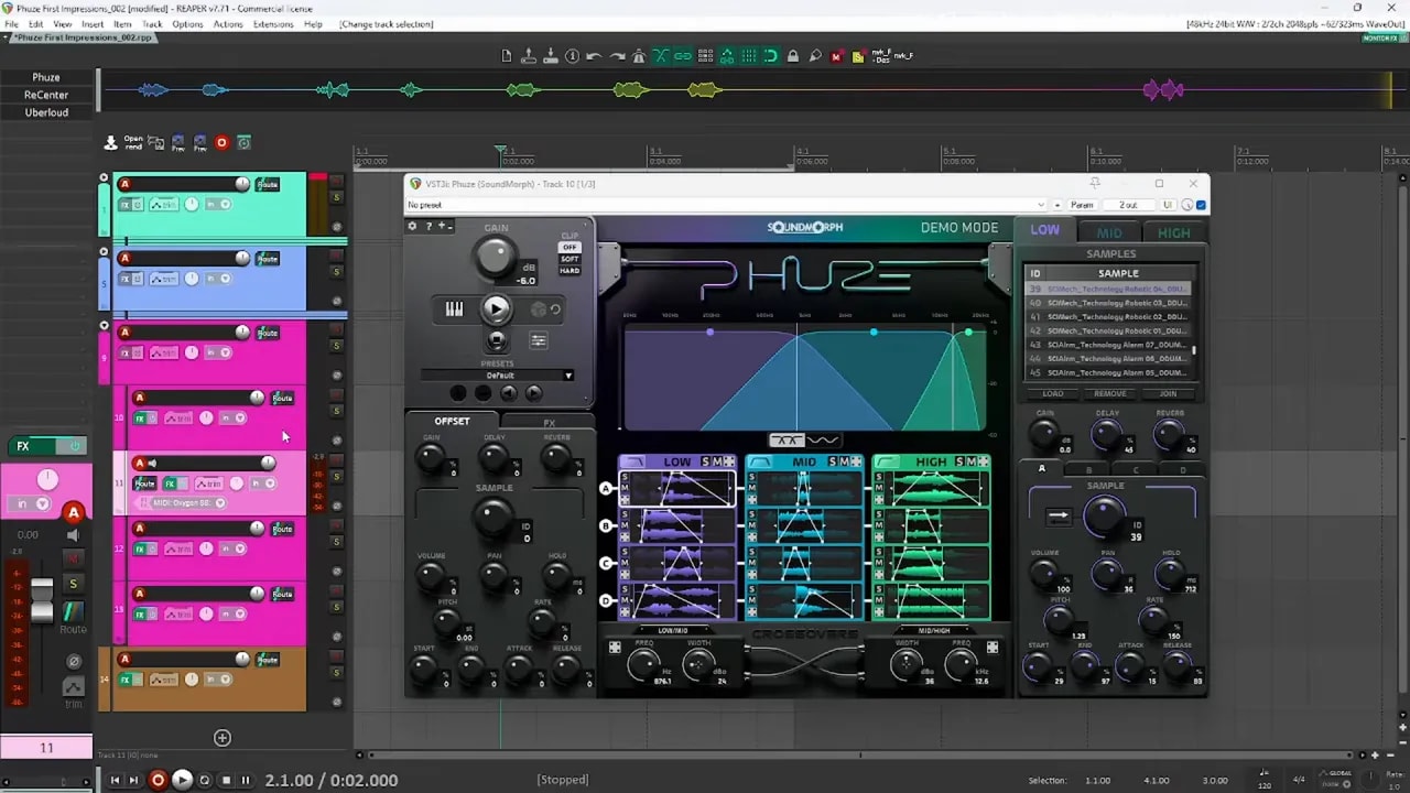 Phuze by SoundMorph showing low, mid, and high band controls and crossover layout