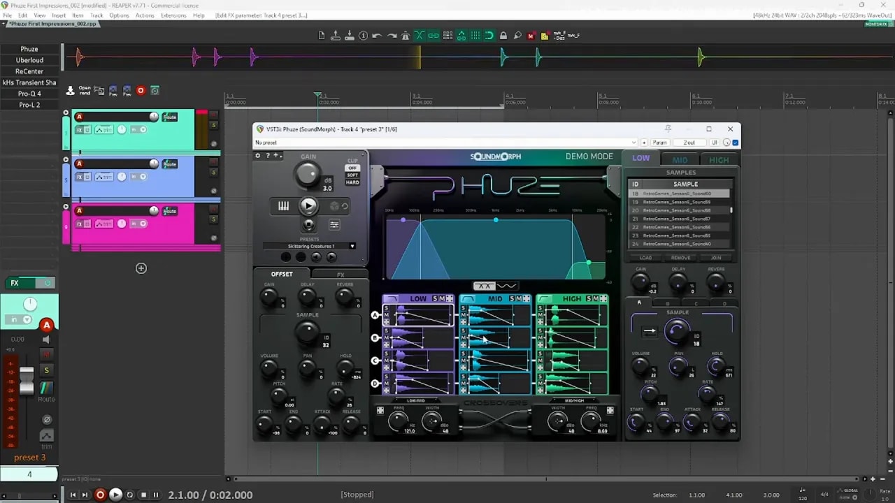 Phuze by SoundMorph low mid high frequency bands and right-side sample controls in Reaper