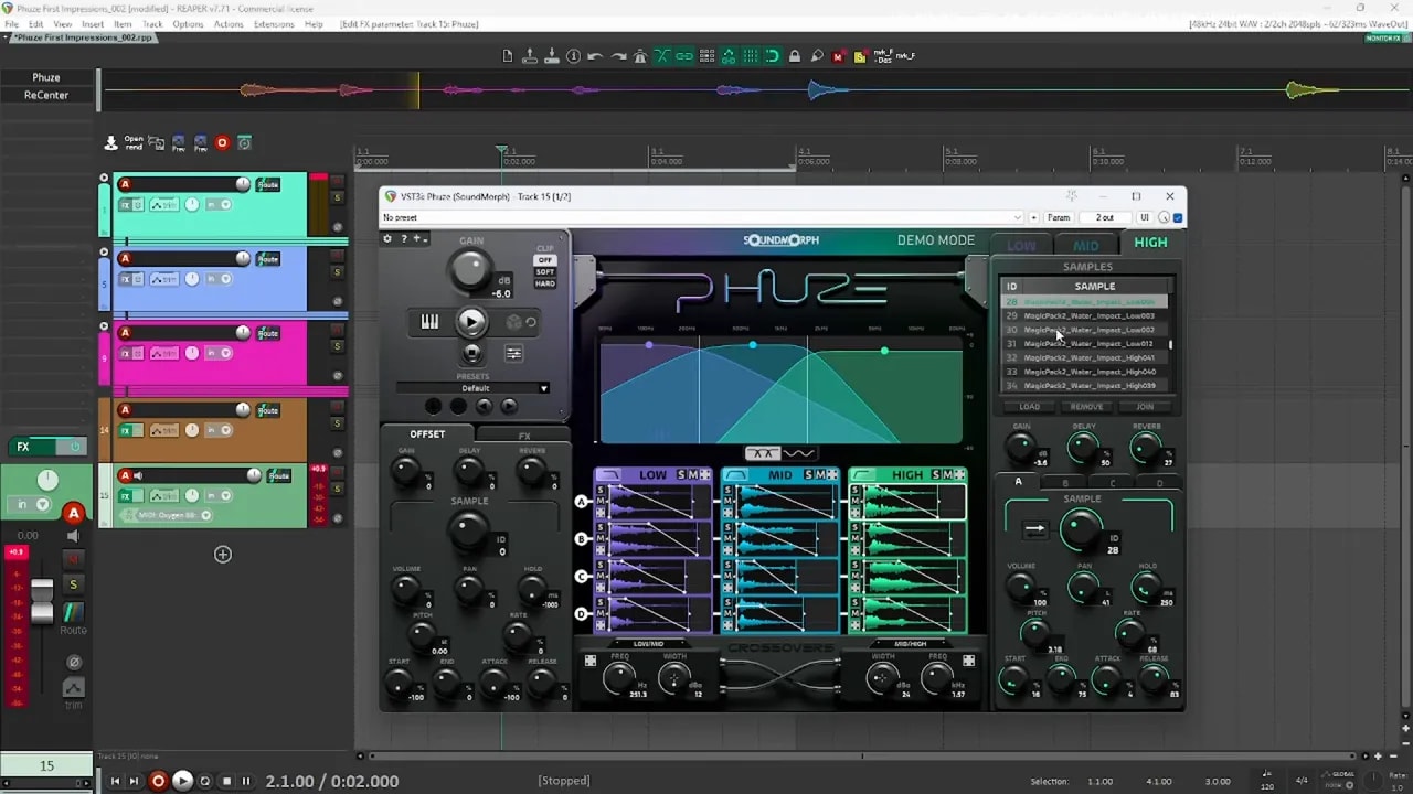 Phuze by SoundMorph in Reaper showing low, mid, and high band sample layering for a metal impact test