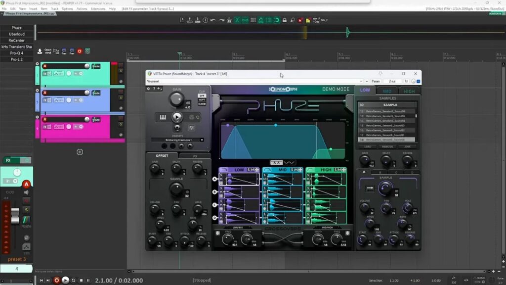 Phuze by SoundMorph plugin window in Reaper showing three-band sample banks