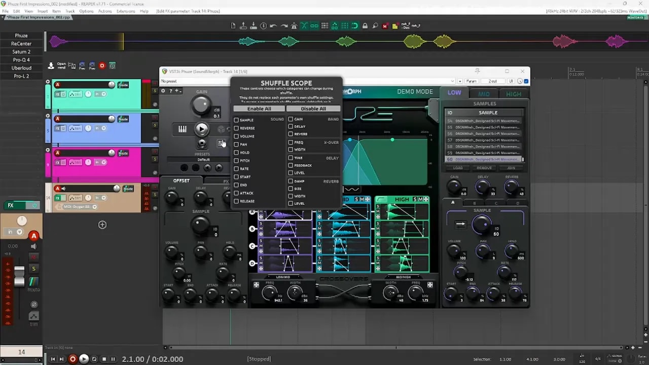 Phuze shuffle scope dialog showing which parameters are enabled for randomization