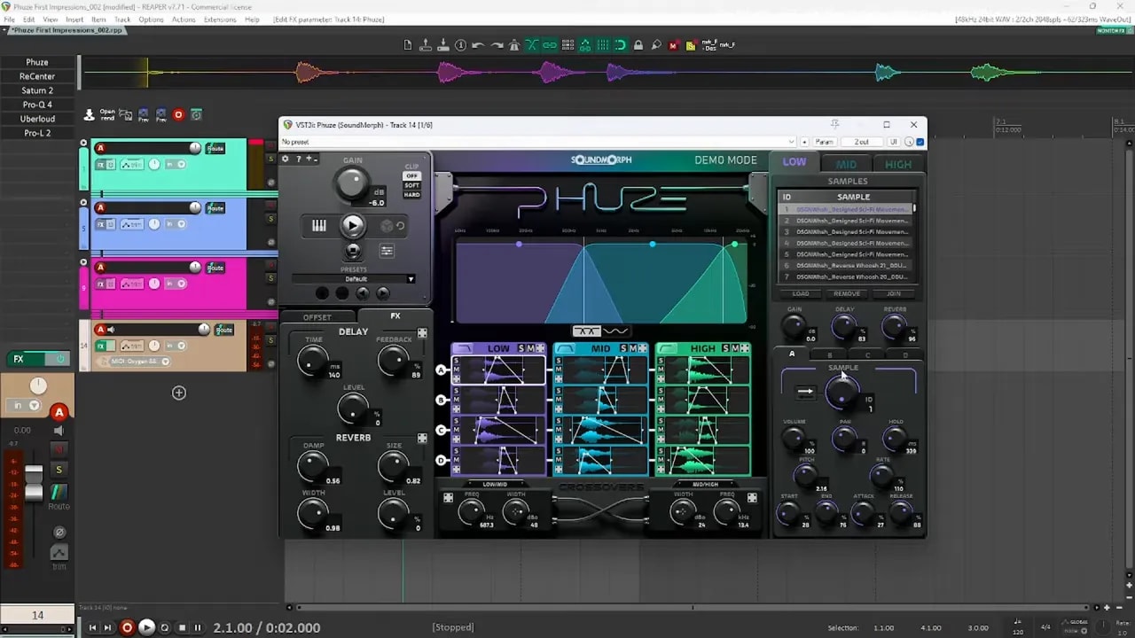 Phuze by SoundMorph in Reaper showing the three-band layout and sample banks for low mid and high