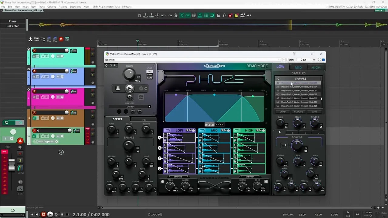Phuze by SoundMorph loaded samples list and frequency band controls during water impact testing