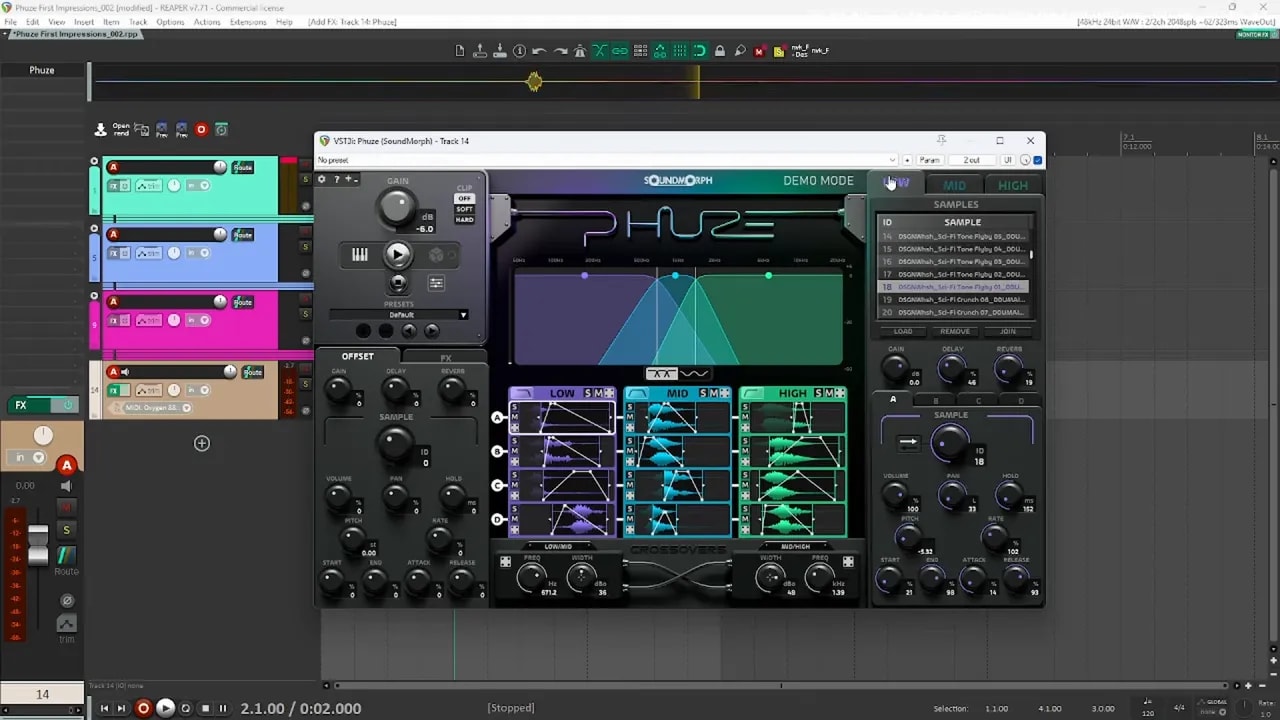 Phuze by SoundMorph showing whoosh samples loaded across low, mid, and high bands