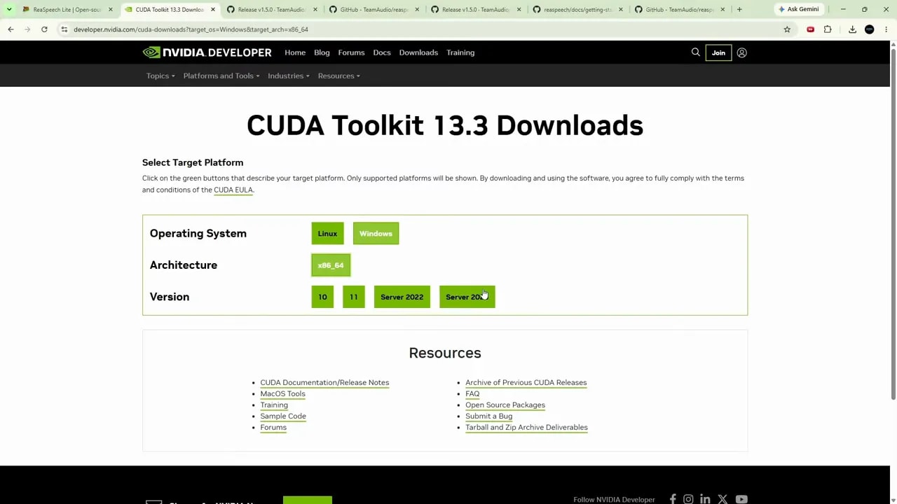 CUDA Toolkit 13.3 downloads page with platform options selected