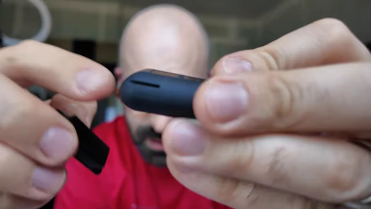 Close-up of small magnetic clip attached to the recorder