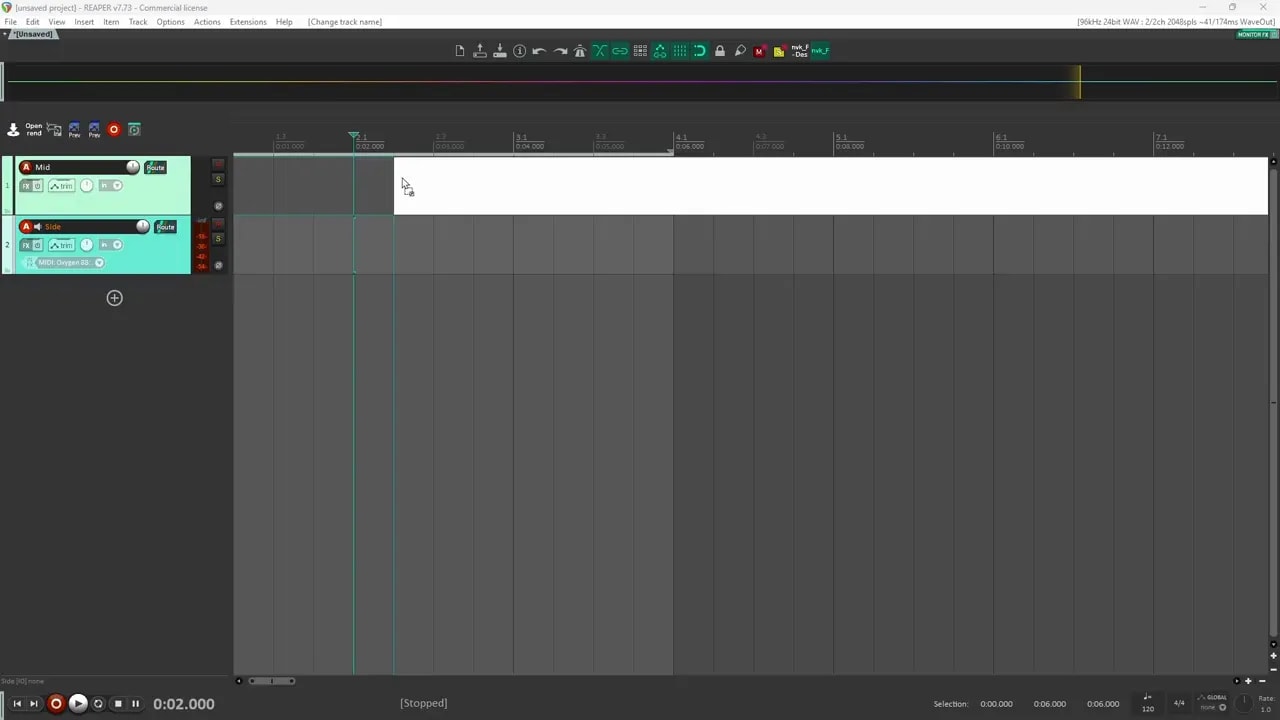 Reaper session showing two mono audio files on separate tracks