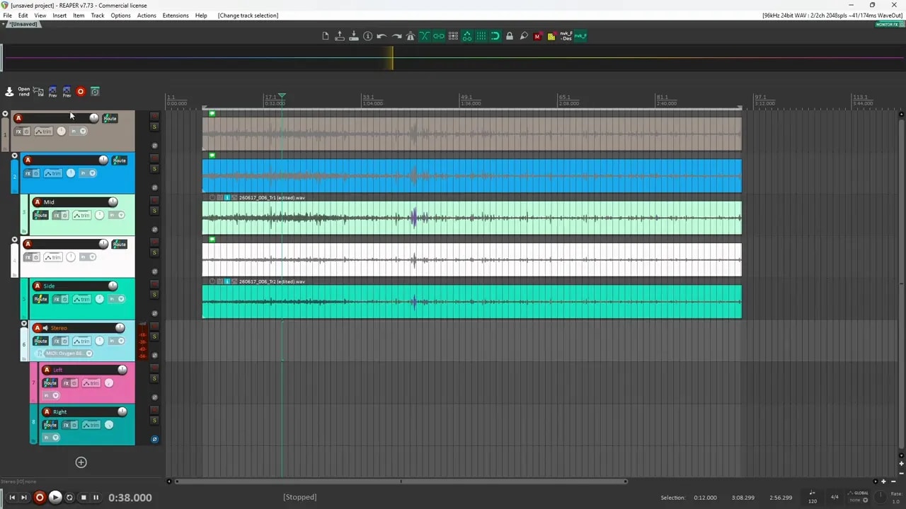 Reaper session with multiple color-coded folder tracks for mid-side decoding