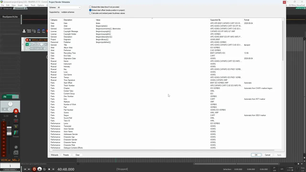 Reaper metadata preferences window showing comment and metadata options