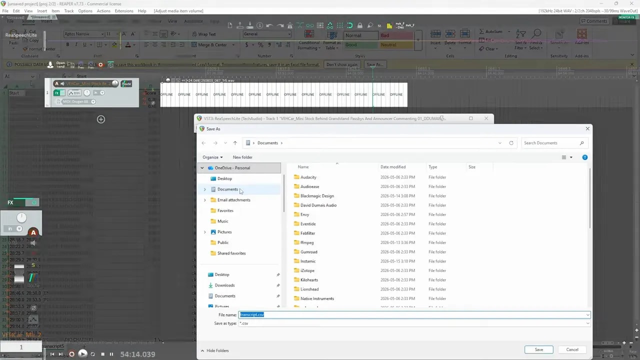 Spreadsheet application showing exported CSV rows from ReaSpeech Lite