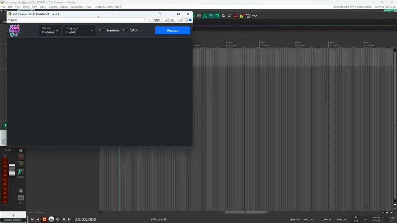Reaper project with the ReaSpeech Lite window open over the timeline
