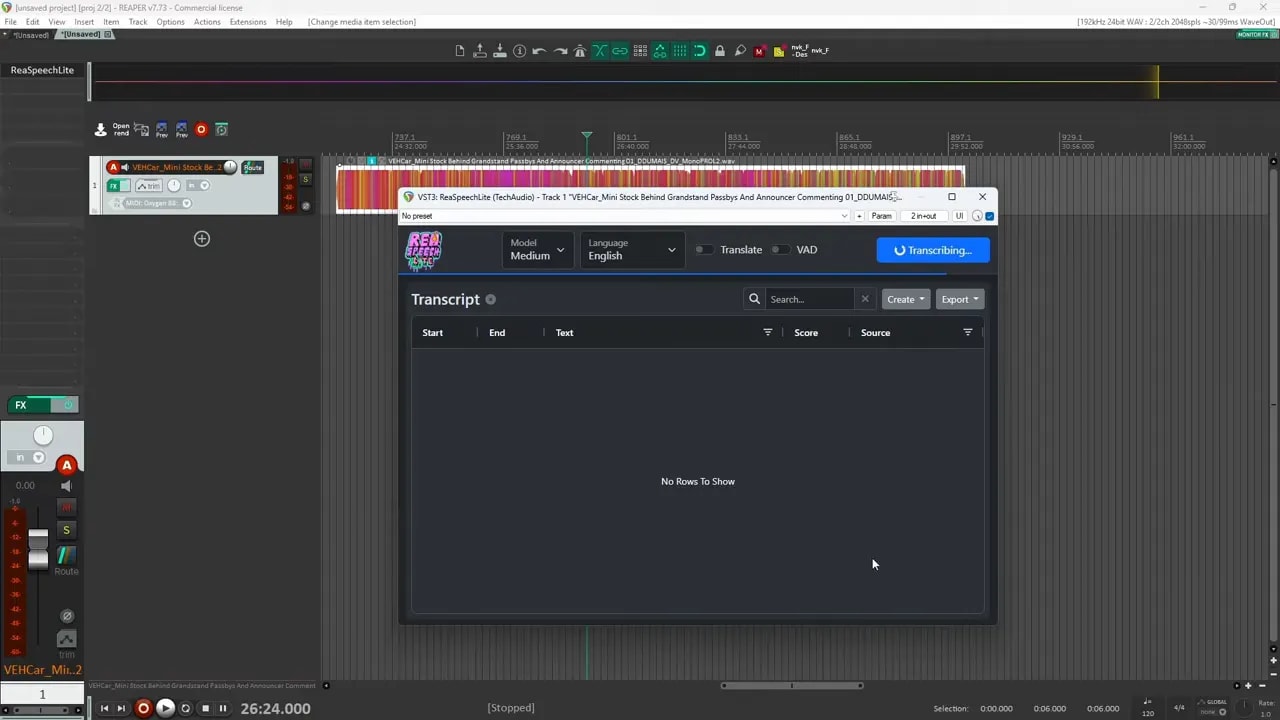 ReaSpeech Lite results list showing multiple transcribed entries and timestamps