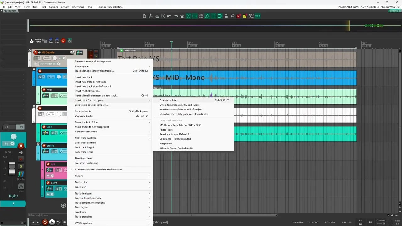 Reaper context menu open with track template save options visible