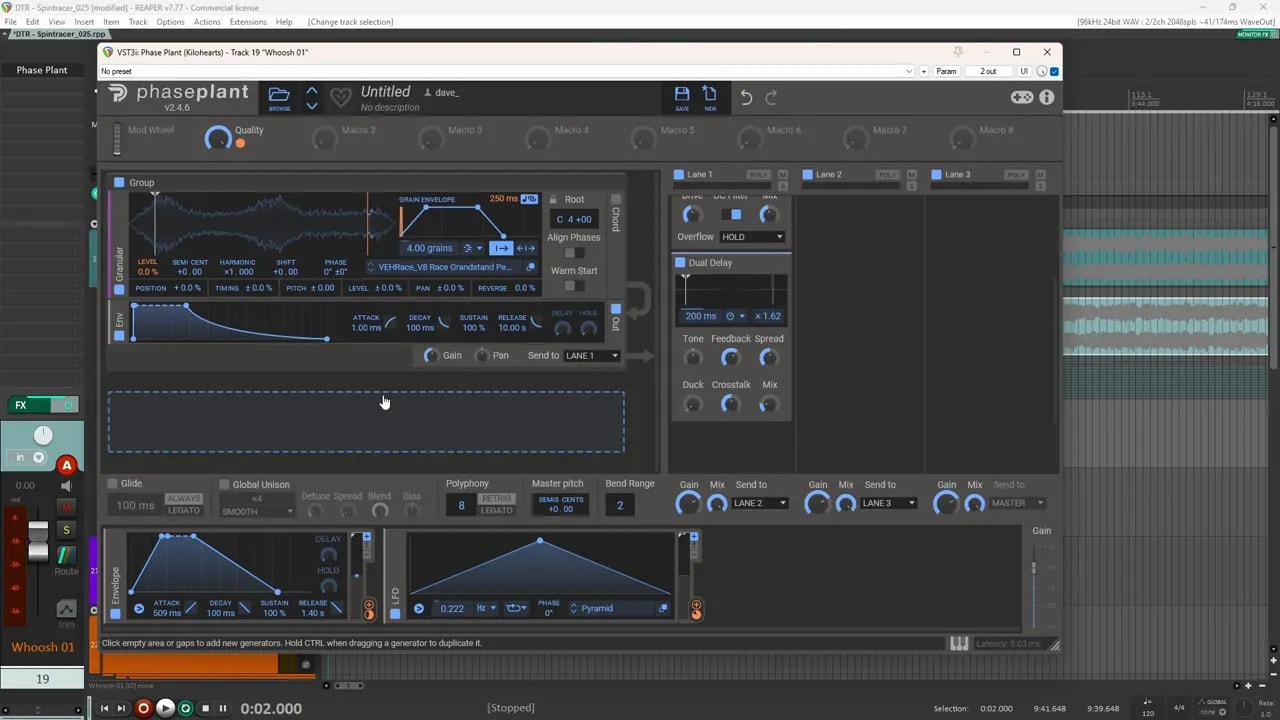 Granular synthesis plugin with envelope graphs and modulation controls