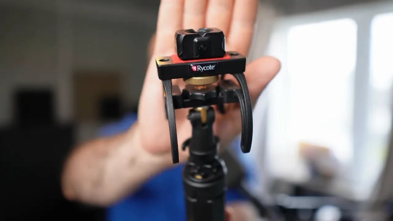 Close view of a handheld shock mount with suspension bands and quick release attachment