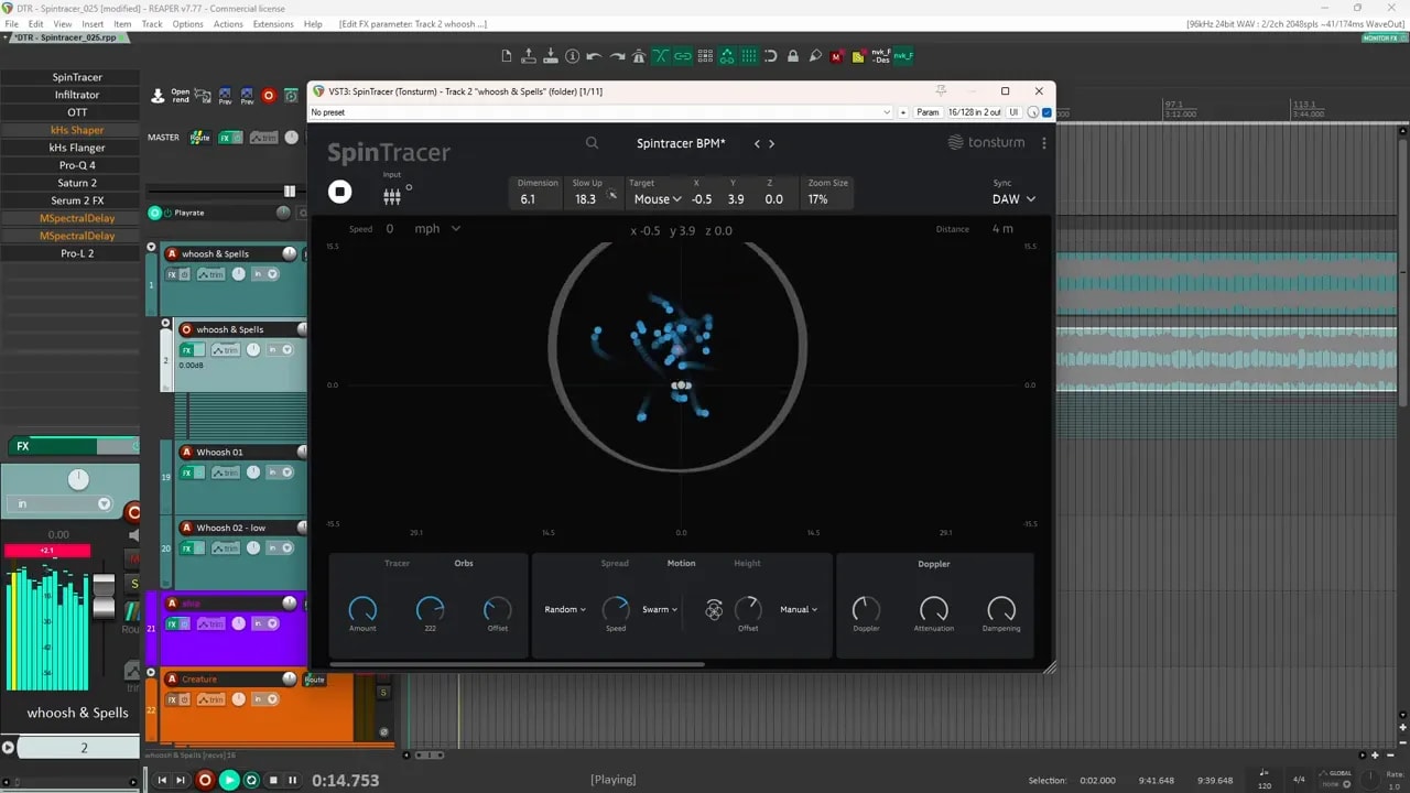 Spin Tracer plugin showing multiple blue sound orbs moving in a circular field