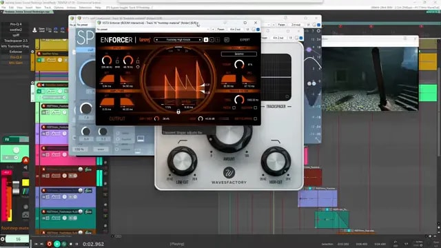 Multiple audio processing plugin windows over a Reaper footstep session