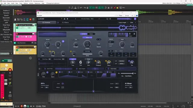 Lucid granular effect plugin open in Reaper with waveform displays and modulation controls