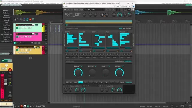 S Layer plugin showing randomized turquoise sample layer patterns in Reaper