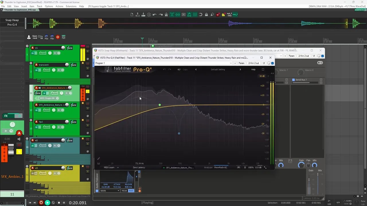 Equalizer window showing a curved high cut filter over a spectrum display