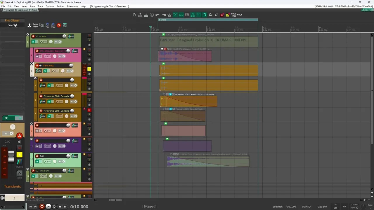 Reaper project showing stacked explosion transient and tail layers