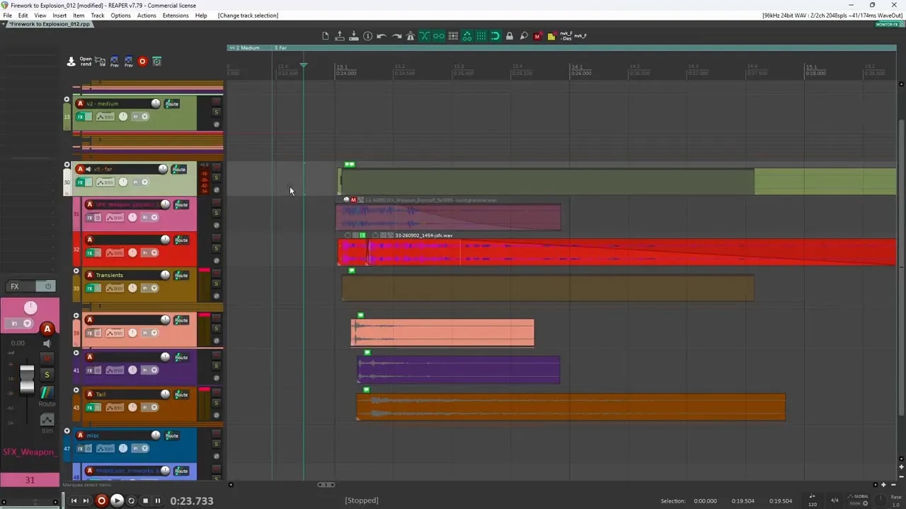 Reaper session showing layered tracks for a far explosion variation