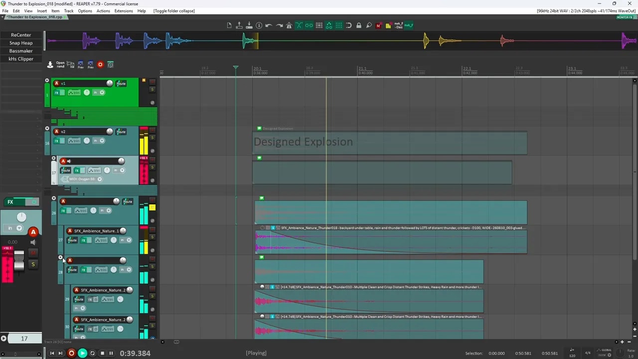 Reaper timeline showing multiple teal audio layers with overlapping fades for an explosion sound