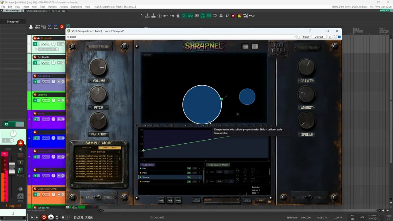 Shrapnel sandbox showing blue circular colliders inside the particle field