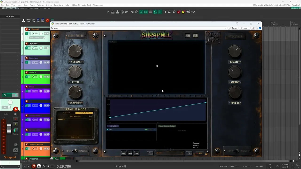 Shrapnel plugin open in Reaper with a central sandbox and controls around it
