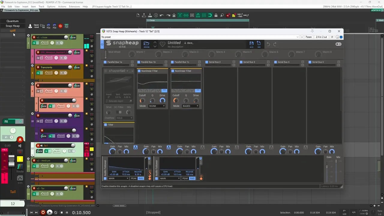 Spiff plugin window open over a Reaper explosion sound design session