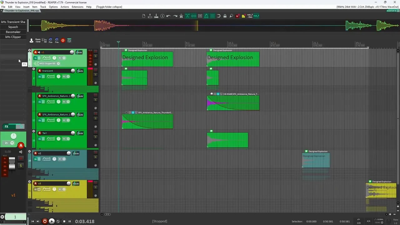 Reaper project showing several green thunder audio clips arranged across tracks