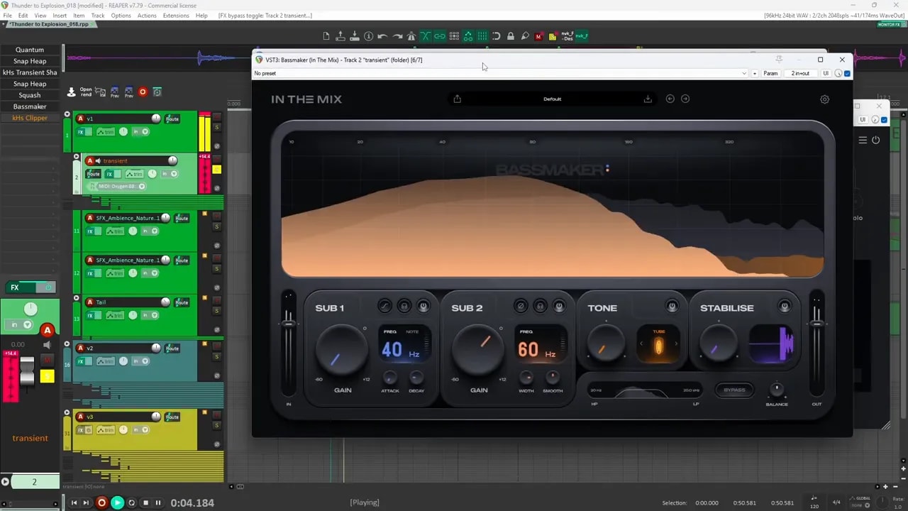 Transient shaper plugin window with orange waveform display in Reaper