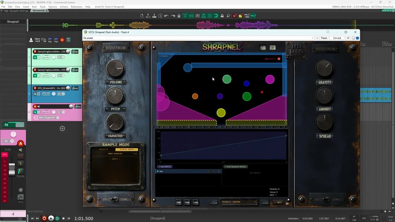 Pinball-style Shrapnel layout with blue outer walls, purple angled colliders, and coloured targets