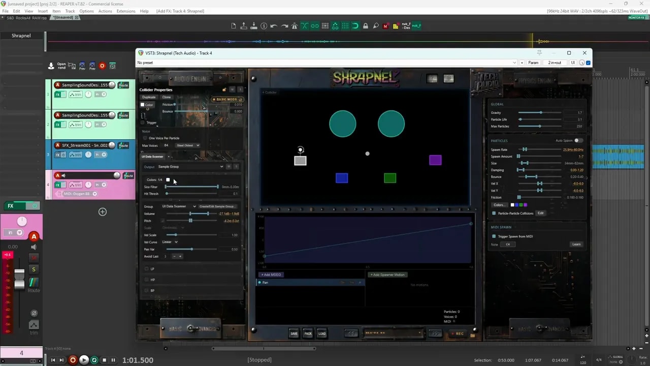 Shrapnel sandbox with coloured circular colliders and an open properties panel