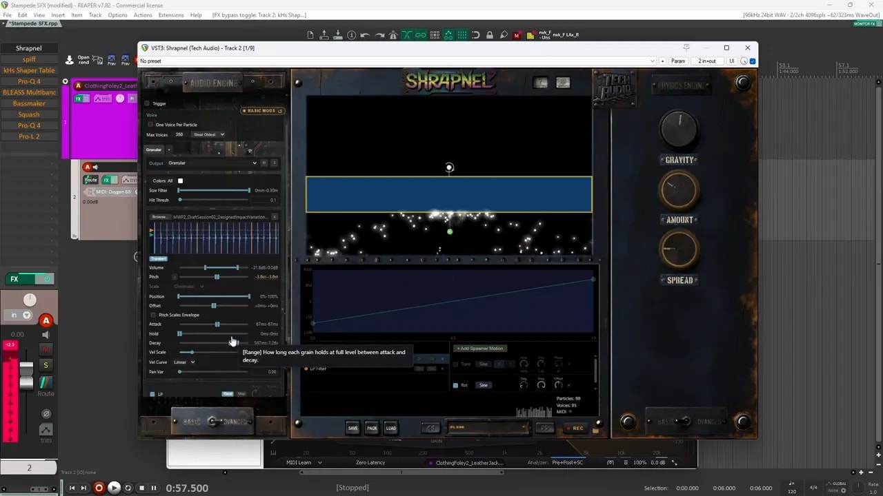 Shrapnel interface showing particles beneath a blue horizontal collider and sample controls on the left
