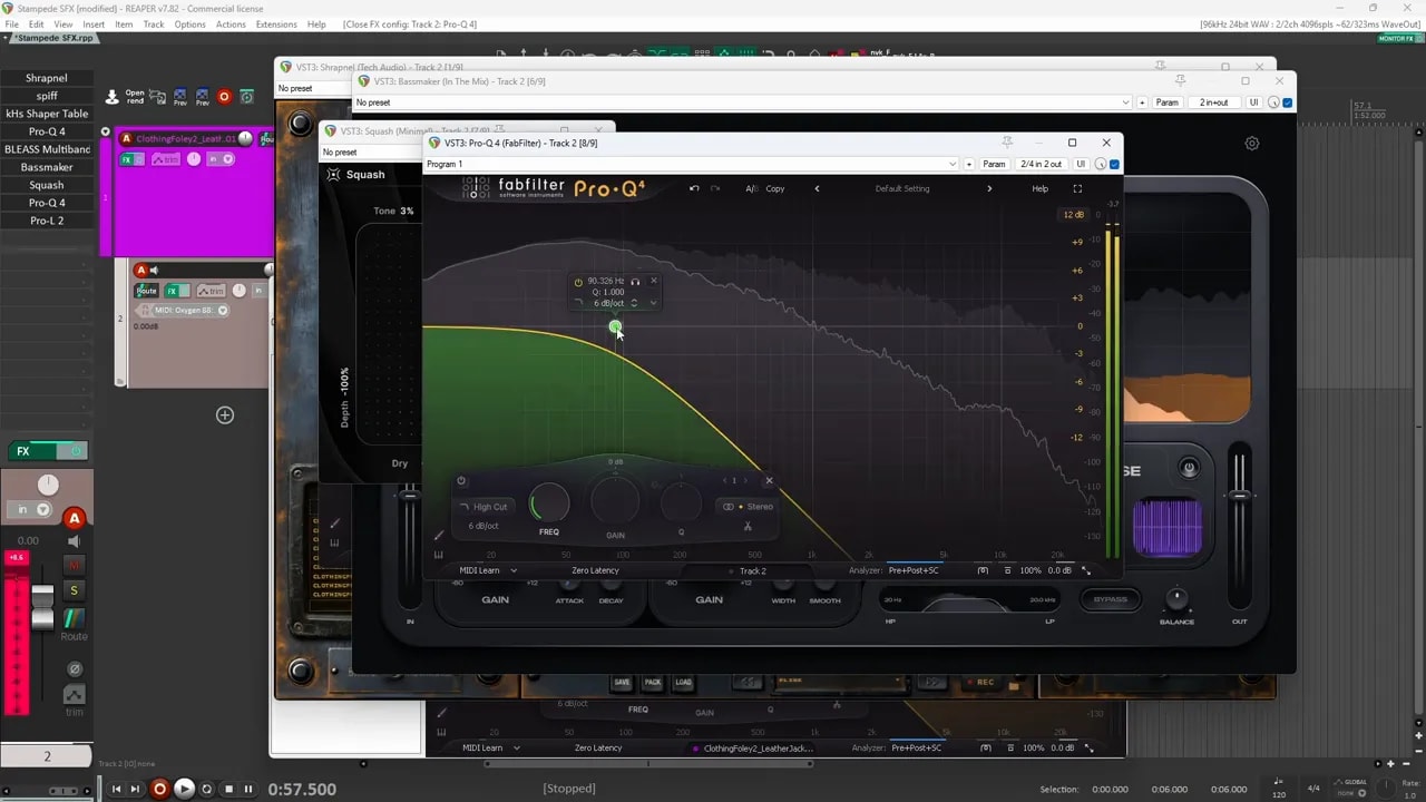 EQ interface showing a green low-pass filter curve over a live spectrum display