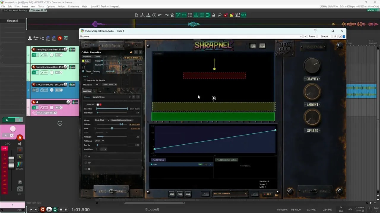 Shrapnel weapon patch with horizontal coloured collider regions and a properties panel